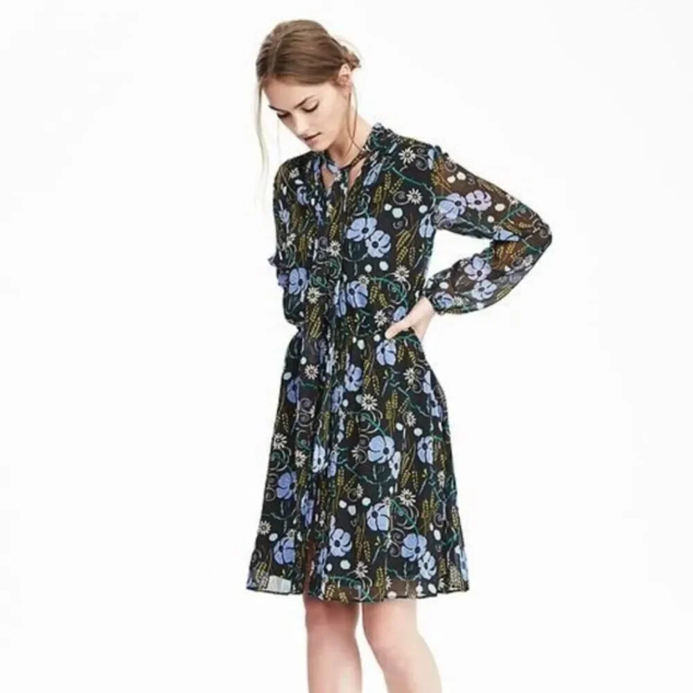 Banana Republic Dark Floral Print Long Sleeve Dress Size XS Fall Romantic - Picture 4 of 9